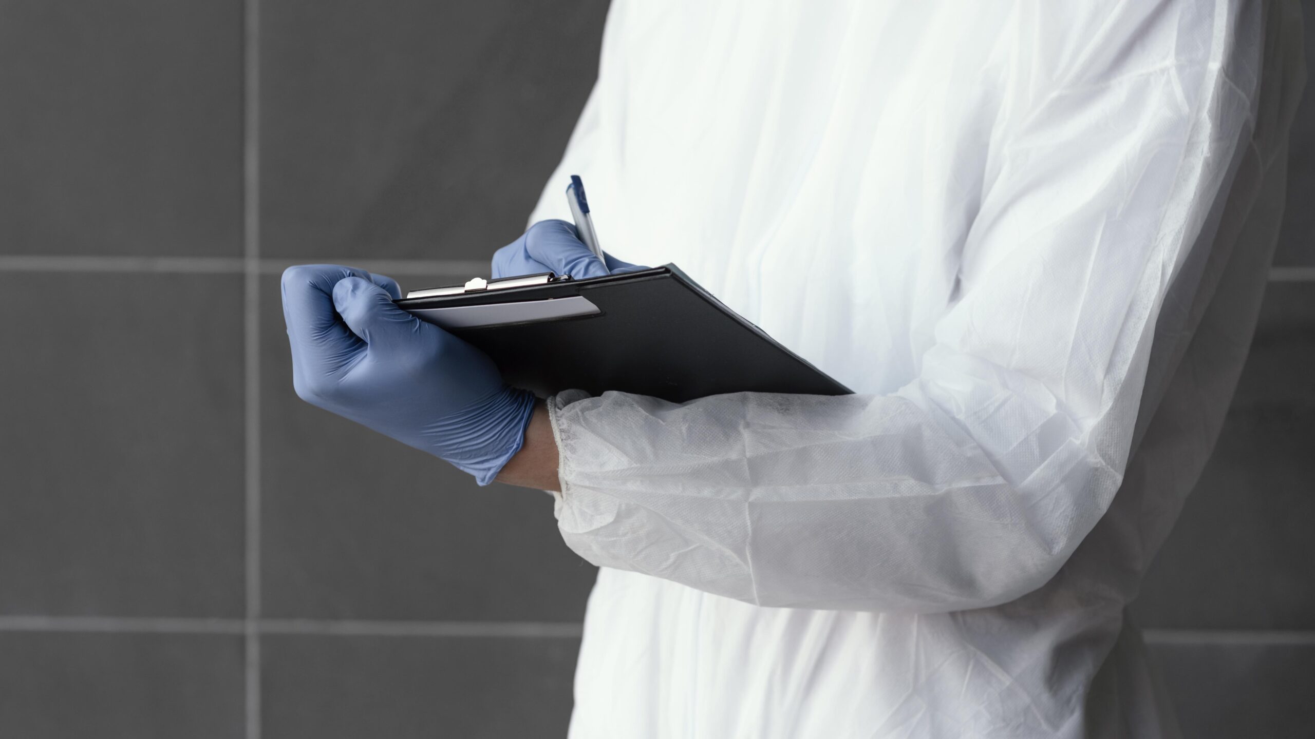 Profissional com luvas e avental descartável preenchendo checklist durante fiscalização sanitária.