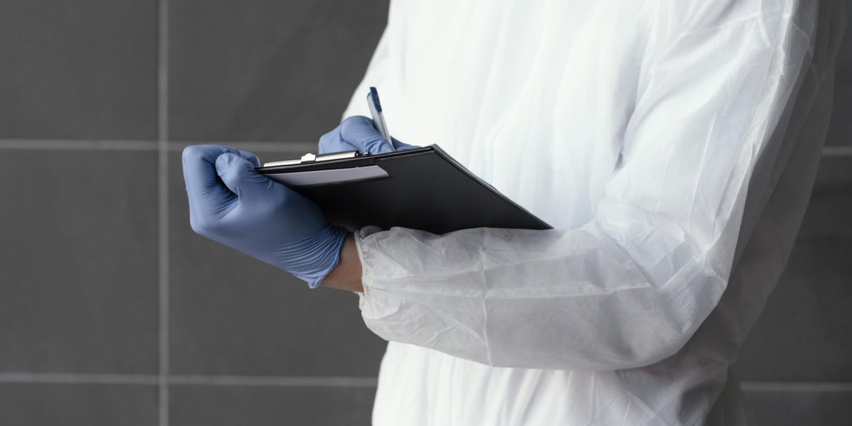 Profissional com luvas e avental descartável preenchendo checklist durante fiscalização sanitária.