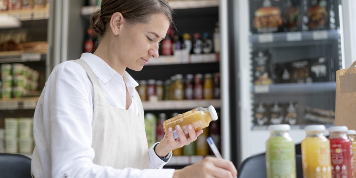 Profissional analisando rótulo de bebida e anotando informações nutricionais.