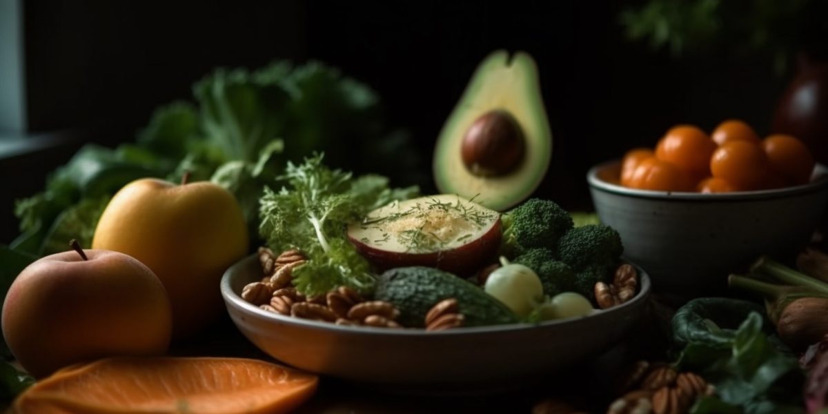 Fresh vegetarian salad bowl with avocado and tomato generated by artificial intelligence